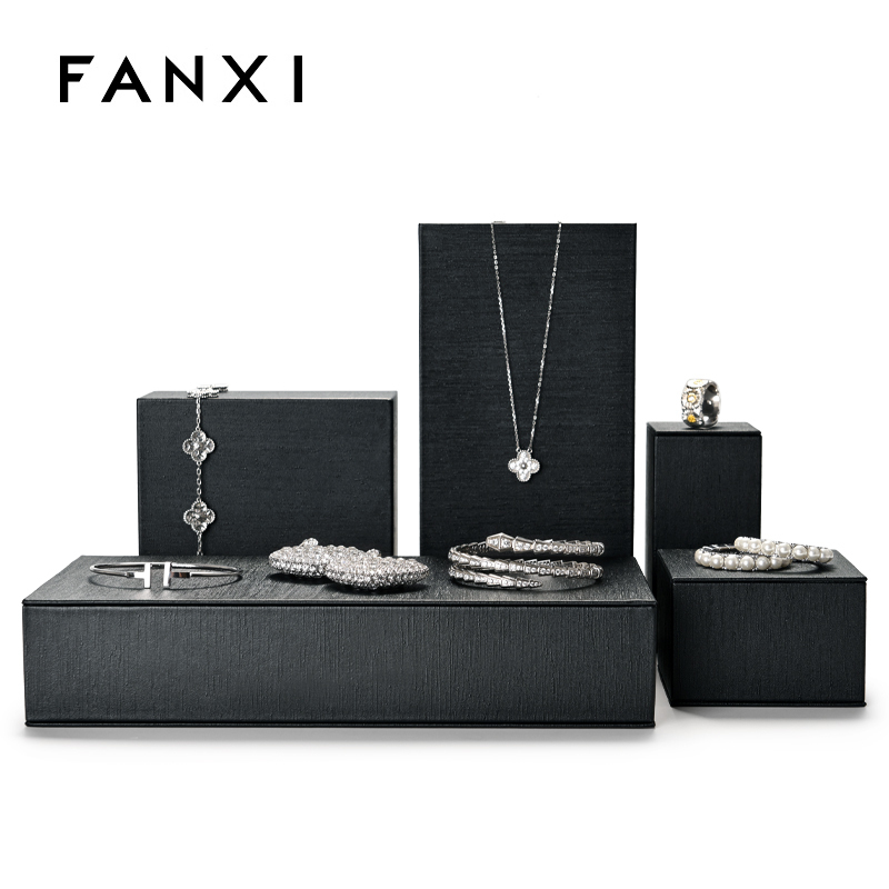 Fanxi New Arrival Jewelry Stand Pu Leather Luxury Ring Earring Necklace Jewellery Display Cabinet Cube Plate Showcase Set