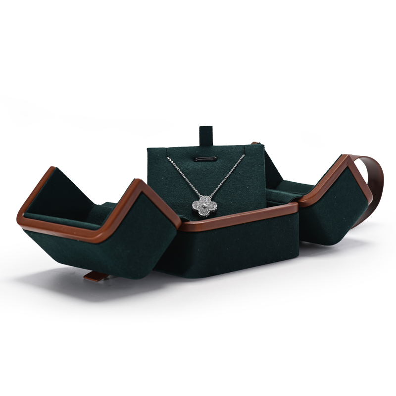 Fanxi Custom Logo Luxury Double Open Jewelry Box Microfiber With Brown Belt For Ring Earring Necklace Packaging Boxes