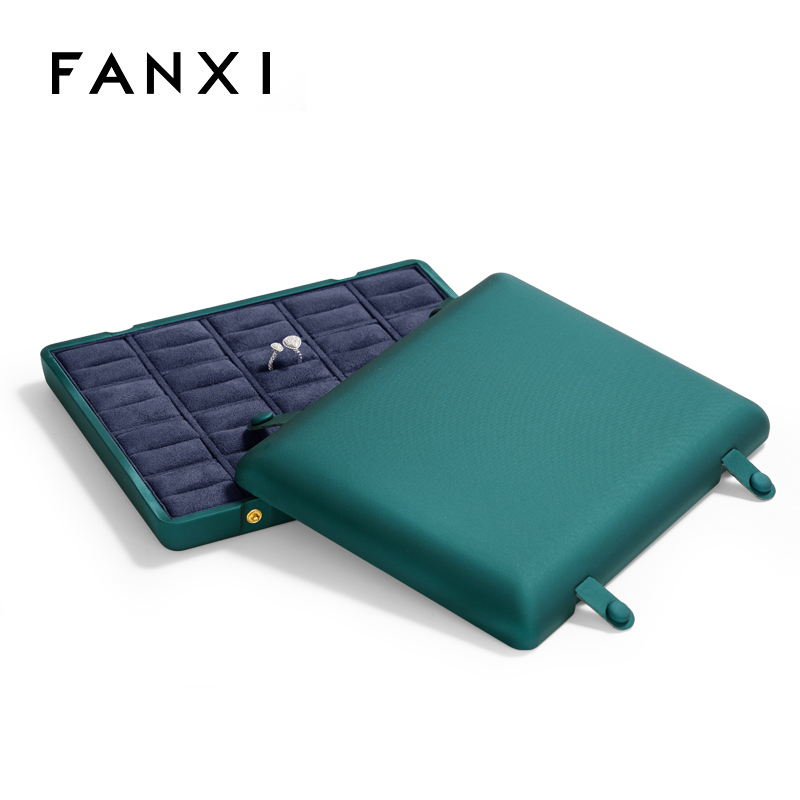Fanxi New Green Leather Silk Cloth Jewelry Box With Button For Gift Jewelry Packaging Box Custom Logo