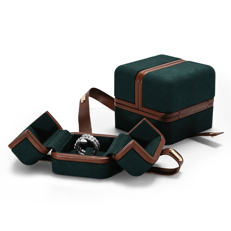 Fanxi Custom Logo Luxury Double Open Jewelry Box Microfiber With Brown Belt For Ring Earring Necklace Packaging Boxes
