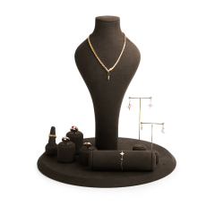 High Quality Brown Microfiber Gold Jewelry Display Set Necklace Bust Ring and Earring Holder