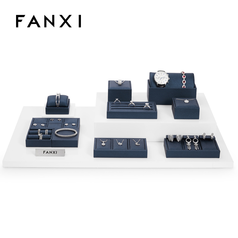Fanxi Wholesale Custom Jewellery Showcase Leather Rack Pendant Necklace Ring Earrings Ring Jewelry Display Set Luxury Blue PU Leather Showcase