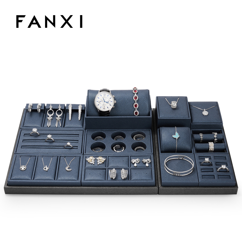Fanxi Wholesale Custom Jewellery Showcase Leather Rack Pendant Necklace Ring Earrings Ring Jewelry Display Set Luxury Blue PU Leather Showcase