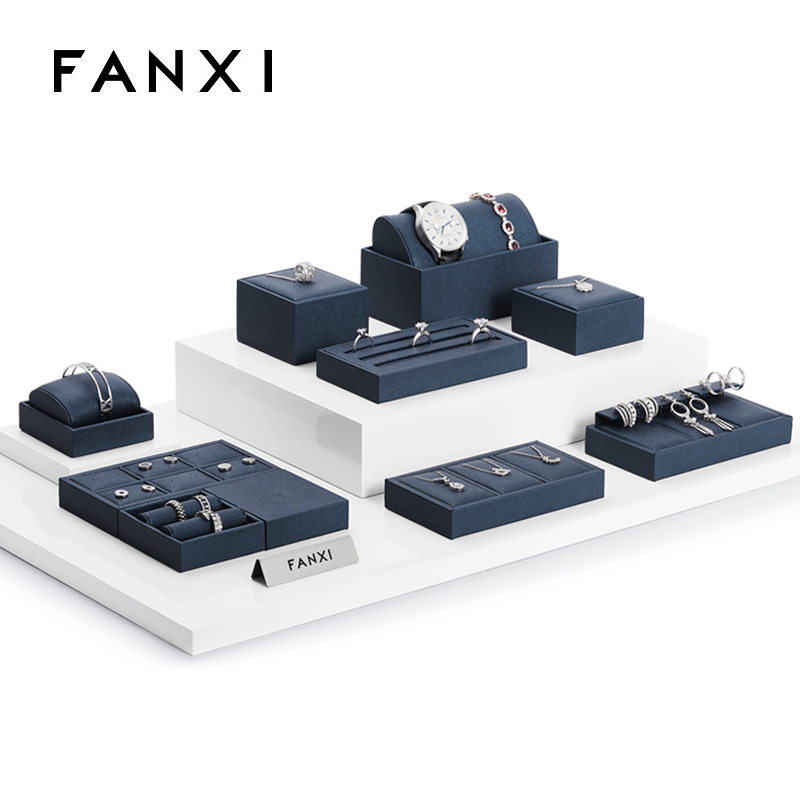 Fanxi Wholesale Custom Jewellery Showcase Leather Rack Pendant Necklace Ring Earrings Ring Jewelry Display Set Luxury Blue PU Leather Showcase