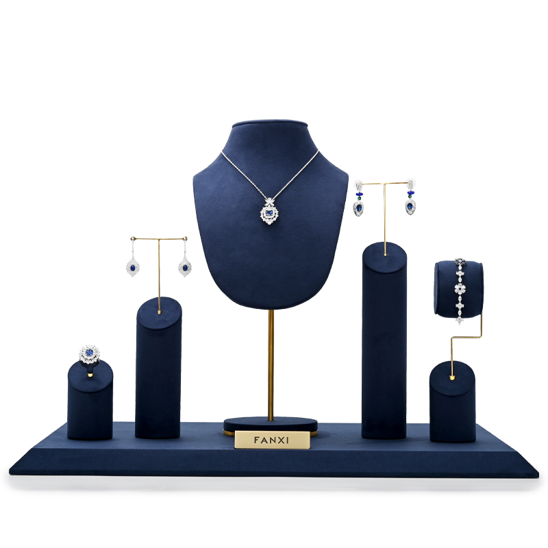 FANXI New Arrival Luxury Blue Microfiber Jewelry Display Holder Set for Ring Necklace Showcase Exhibition