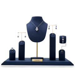 FANXI New Arrival Luxury Blue Microfiber Jewelry Display Holder Set for Ring Necklace Showcase Exhibition