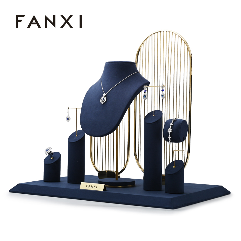 FANXI New Arrival Luxury Blue Microfiber Jewelry Display Holder Set for Ring Necklace Showcase Exhibition