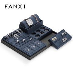 Fanxi Wholesale Custom Jewellery Showcase Leather Rack Pendant Necklace Ring Earrings Ring Jewelry Display Set Luxury Blue PU Leather Showcase