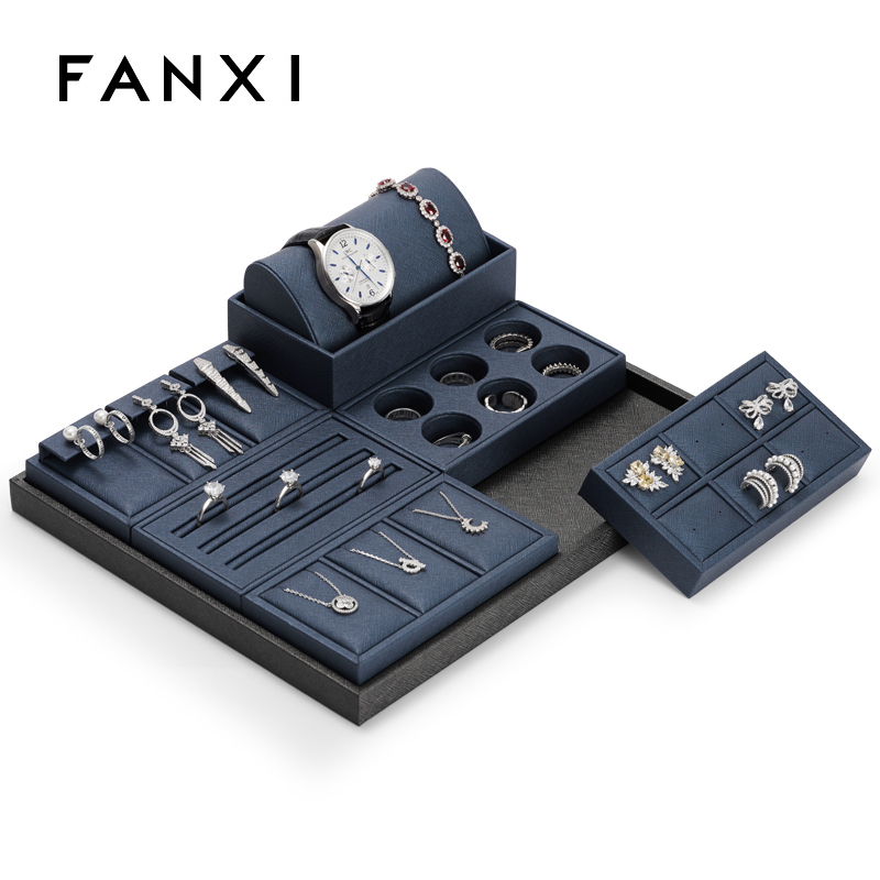 Fanxi Wholesale Custom Jewellery Showcase Leather Rack Pendant Necklace Ring Earrings Ring Jewelry Display Set Luxury Blue PU Leather Showcase
