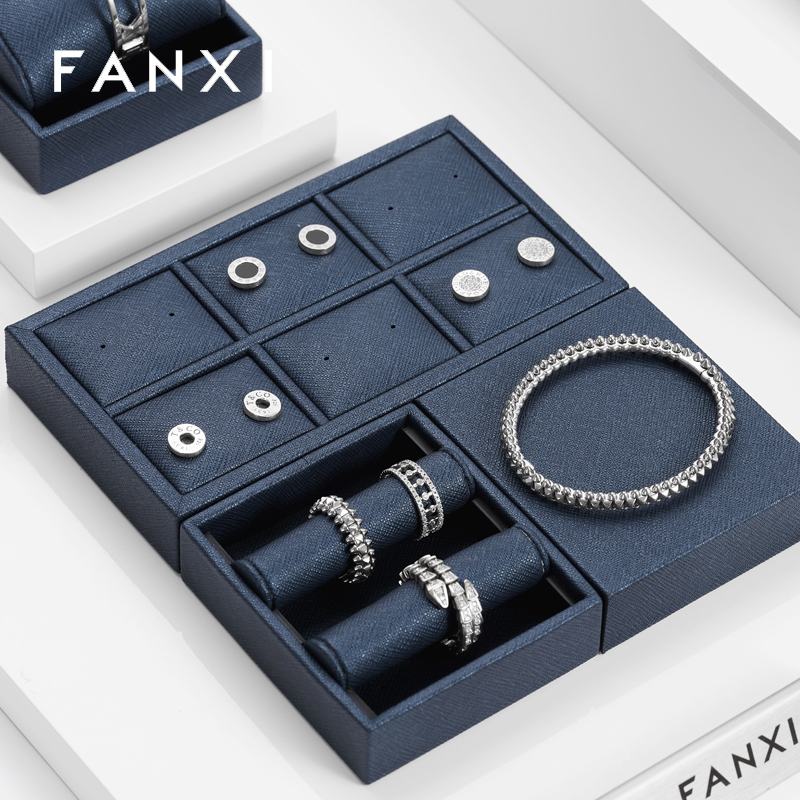 Fanxi Wholesale Custom Jewellery Showcase Leather Rack Pendant Necklace Ring Earrings Ring Jewelry Display Set Luxury Blue PU Leather Showcase