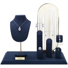 FANXI New Arrival Luxury Blue Microfiber Jewelry Display Holder Set for Ring Necklace Showcase Exhibition