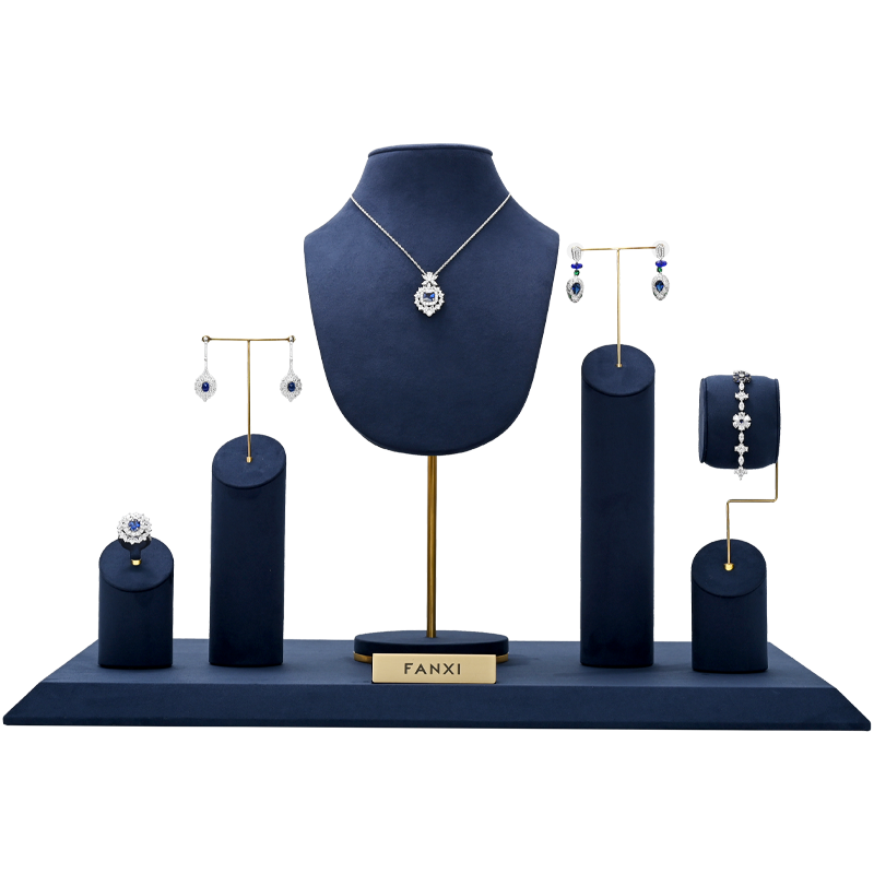 FANXI New Arrival Luxury Blue Microfiber Jewelry Display Holder Set for Ring Necklace Showcase Exhibition