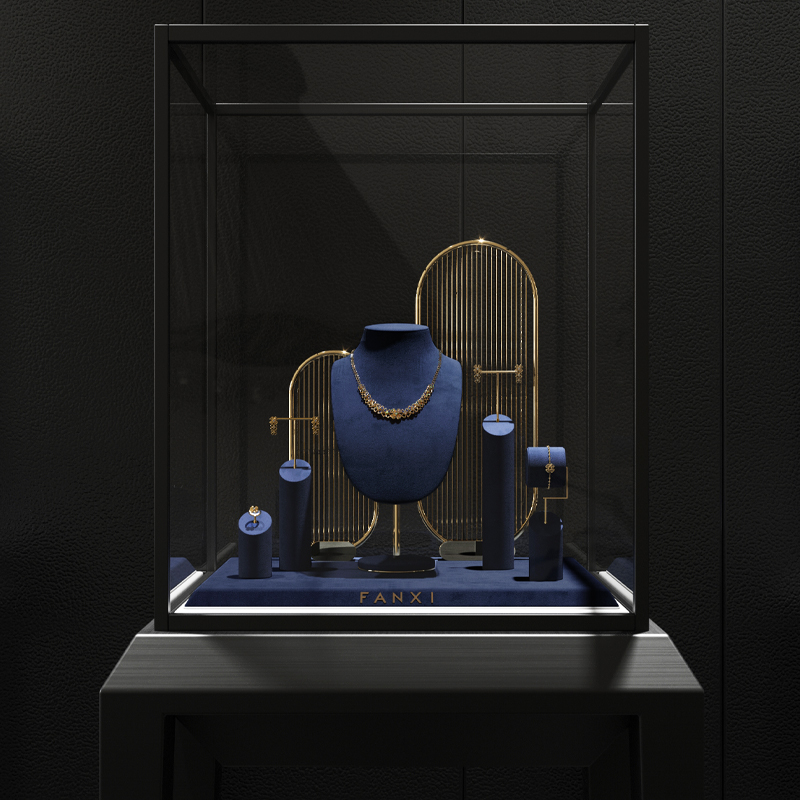 FANXI New Arrival Luxury Blue Microfiber Jewelry Display Holder Set for Ring Necklace Showcase Exhibition