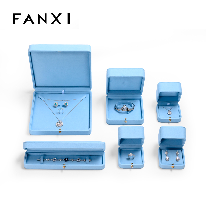 FANXI Custom Logo High Quality Luxury Sude Boxes Ring Necklace Bracelet Gift Blue Packaging Jewelry Box