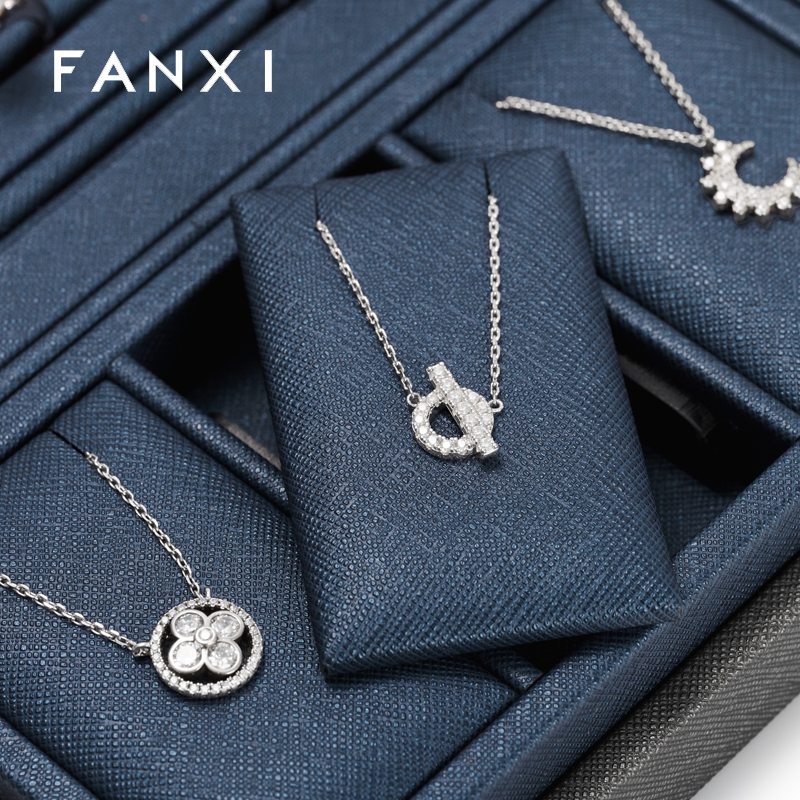 Fanxi Wholesale Custom Jewellery Showcase Leather Rack Pendant Necklace Ring Earrings Ring Jewelry Display Set Luxury Blue PU Leather Showcase