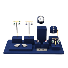FANXI Custom Wholesale Ring Earrings Necklace Watch Display Stand Luxury Microfiber Metal Jewelry Shop Blue Display Set