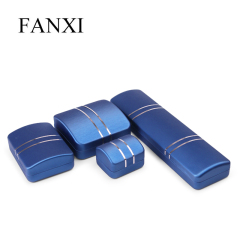 Fanxi New Design Popular Blue Pu Leather Cover Metal Jewelry Box Led Light with Soft Velvet Insert