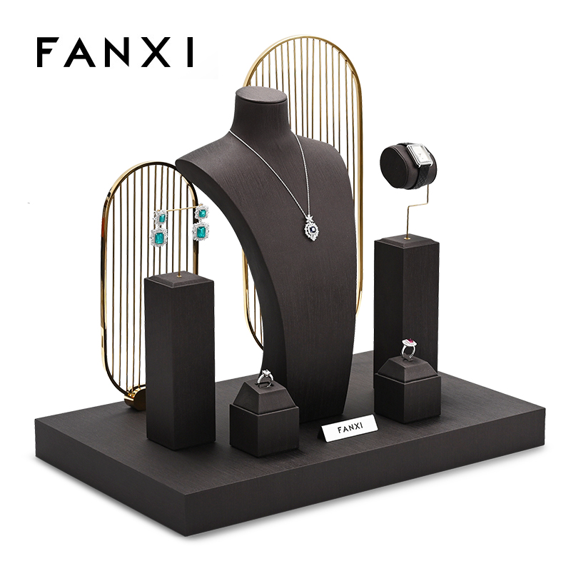 FANXI Custom Wholesale Ring Earrings Necklace Watch Display Stand Luxury Coffee PU leather Metal Jewelry Shop Window Display Set