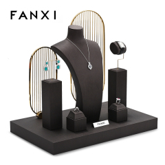 FANXI Custom Wholesale Ring Earrings Necklace Watch Display Stand Luxury Coffee PU leather Metal Jewelry Shop Window Display Set
