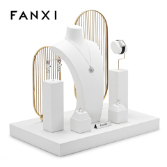 FANXI High-end Custom White Luxury Jewellery Display Stand Holder Bracelet Necklace Ring Earring Holder PU Leather Metal Jewelry Display Stand Set