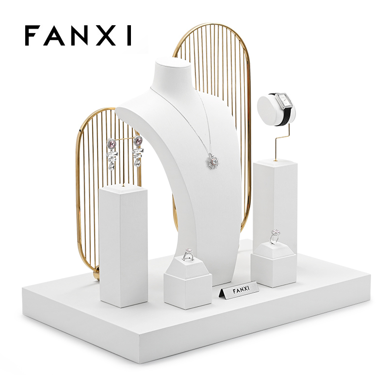 FANXI High-end Custom White Luxury Jewellery Display Stand Holder Bracelet Necklace Ring Earring Holder PU Leather Metal Jewelry Display Stand Set