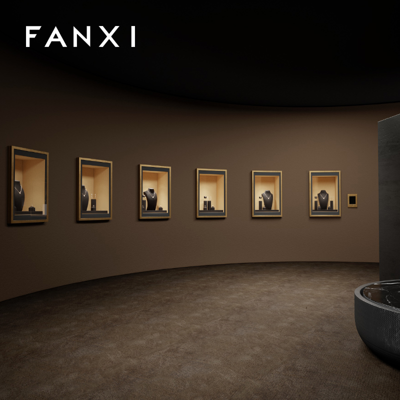 FANXI Custom Wholesale Ring Earrings Necklace Watch Display Stand Luxury Coffee PU leather Metal Jewelry Shop Window Display Set