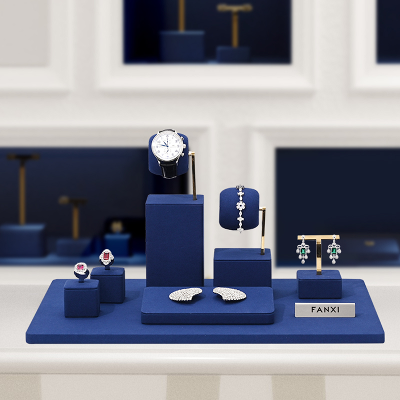 FANXI Custom Wholesale Ring Earrings Necklace Watch Display Stand Luxury Microfiber Metal Jewelry Shop Blue Display Set