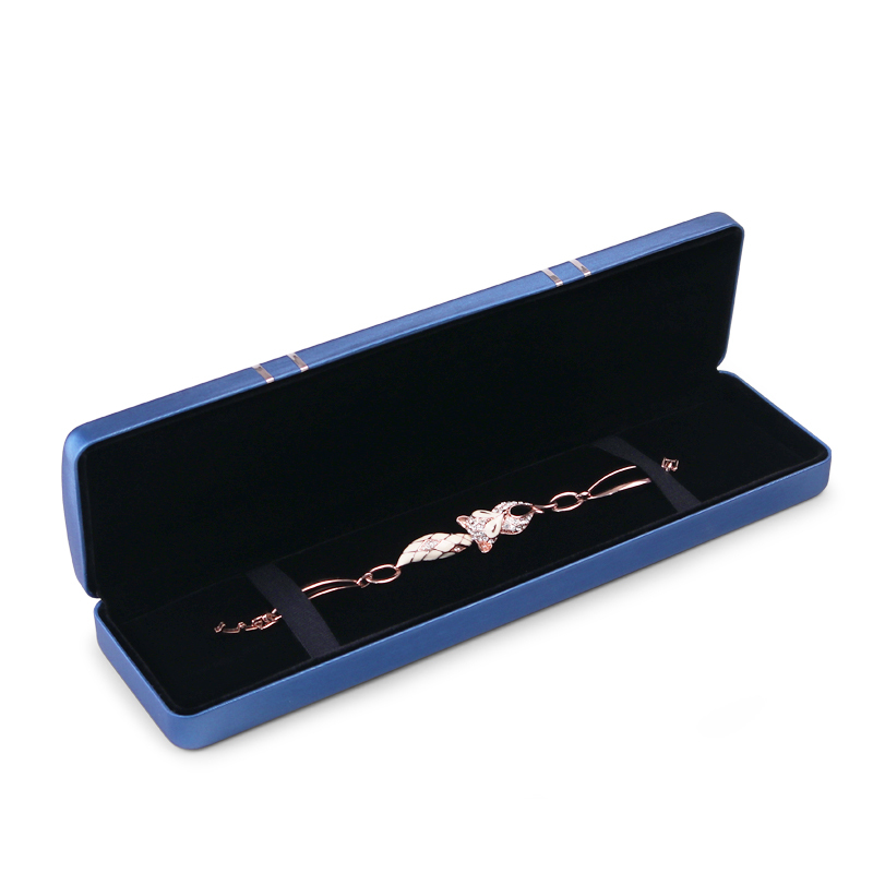 Fanxi New Design Popular Blue Pu Leather Cover Metal Jewelry Box Led Light with Soft Velvet Insert