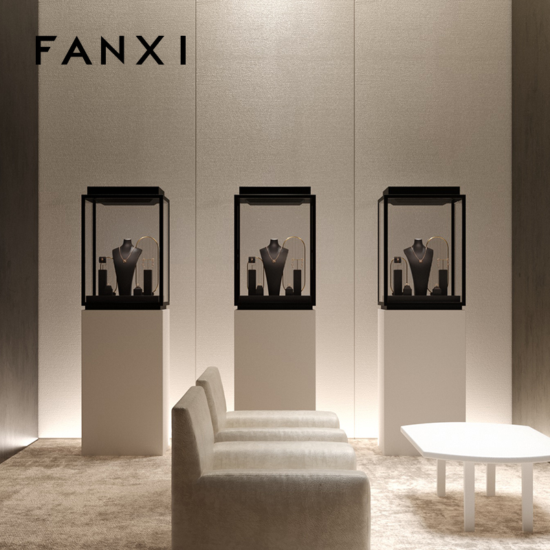 FANXI Custom Wholesale Ring Earrings Necklace Watch Display Stand Luxury Coffee PU leather Metal Jewelry Shop Window Display Set