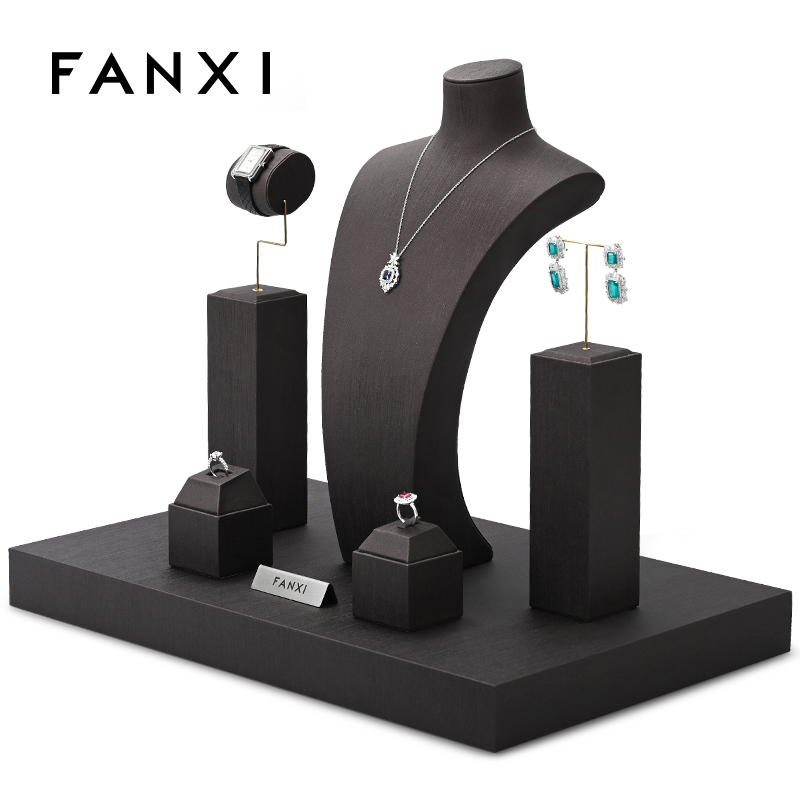 FANXI Custom Wholesale Ring Earrings Necklace Watch Display Stand Luxury Coffee PU leather Metal Jewelry Shop Window Display Set