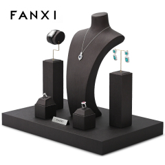 FANXI Custom Wholesale Ring Earrings Necklace Watch Display Stand Luxury Coffee PU leather Metal Jewelry Shop Window Display Set