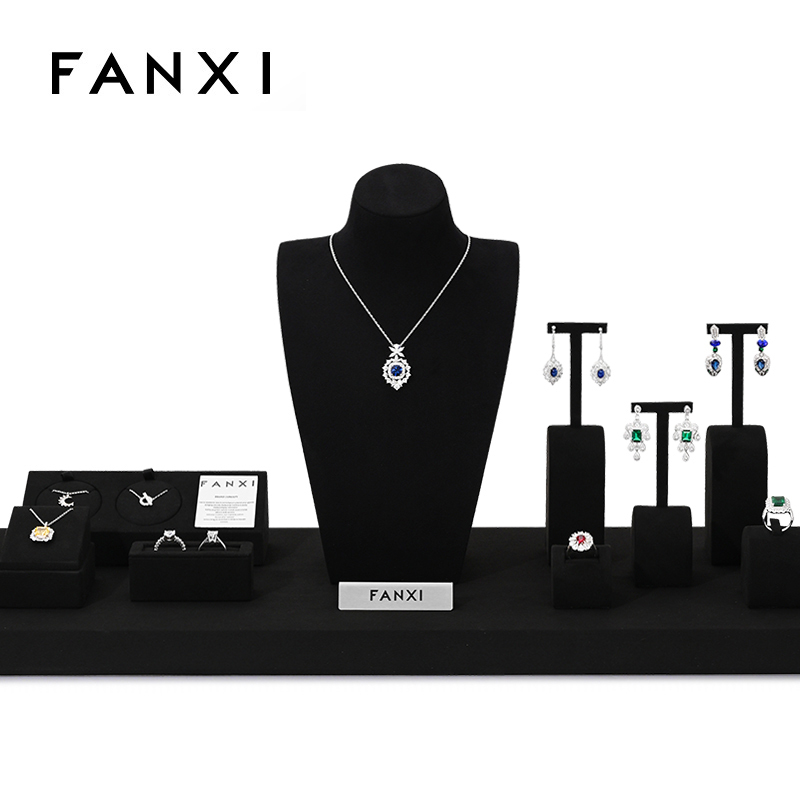 FANXI Present Bijoux Microfiber Black Luxury Jewellery Display Set Acrylic Jewelry Display Set