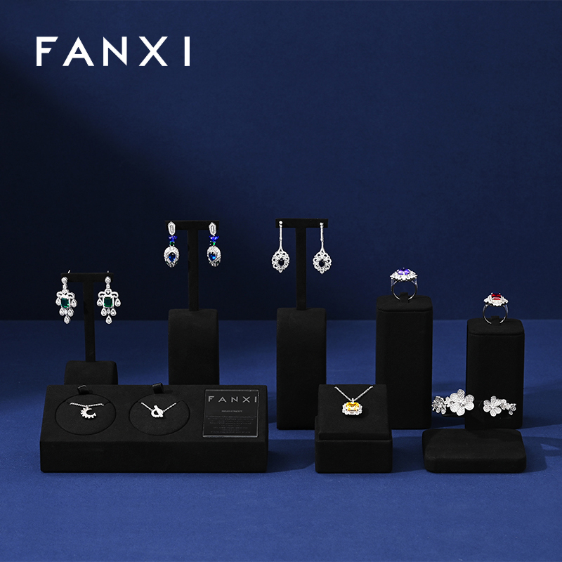 FANXI Present Bijoux Microfiber Black Luxury Jewellery Display Set Acrylic Jewelry Display Set