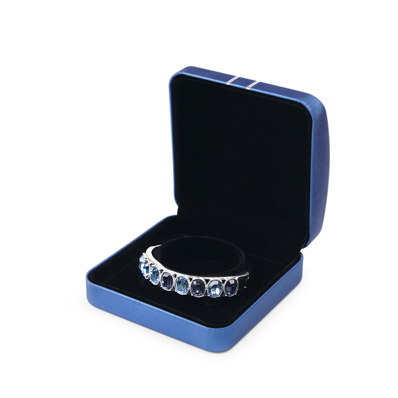 Fanxi New Design Popular Blue Pu Leather Cover Metal Jewelry Box Led Light with Soft Velvet Insert