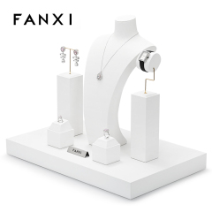 FANXI High-end Custom White Luxury Jewellery Display Stand Holder Bracelet Necklace Ring Earring Holder PU Leather Metal Jewelry Display Stand Set