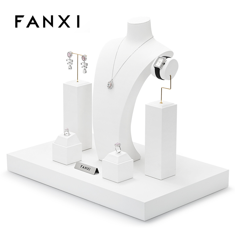 FANXI High-end Custom White Luxury Jewellery Display Stand Holder Bracelet Necklace Ring Earring Holder PU Leather Metal Jewelry Display Stand Set