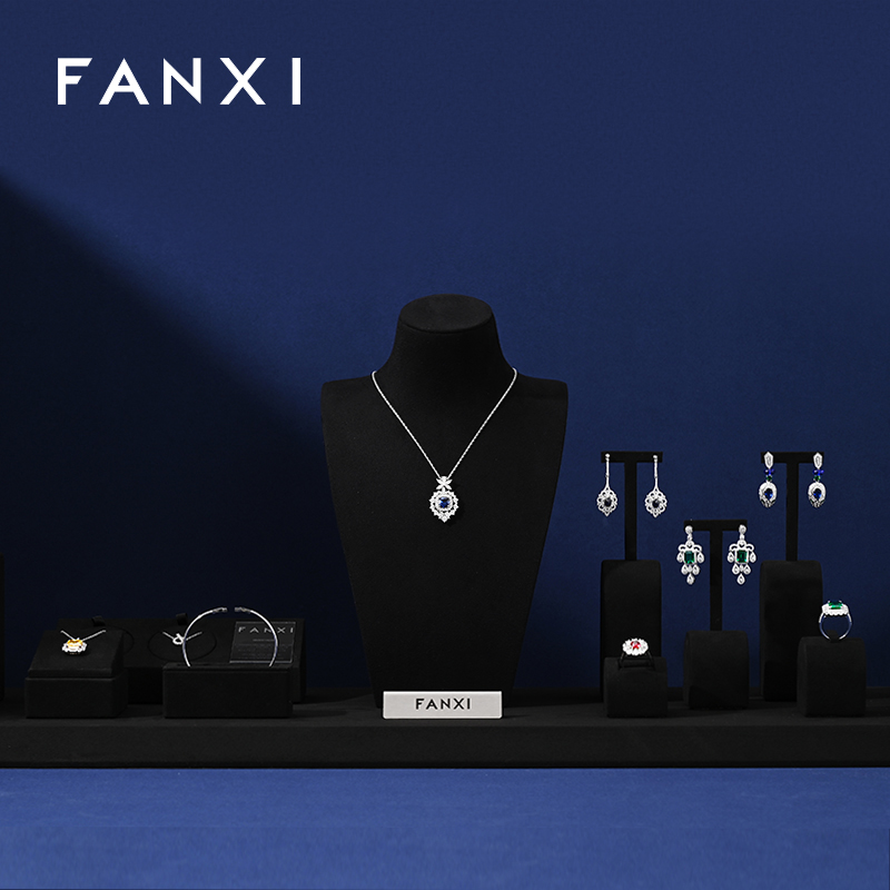 FANXI Present Bijoux Microfiber Black Luxury Jewellery Display Set Acrylic Jewelry Display Set