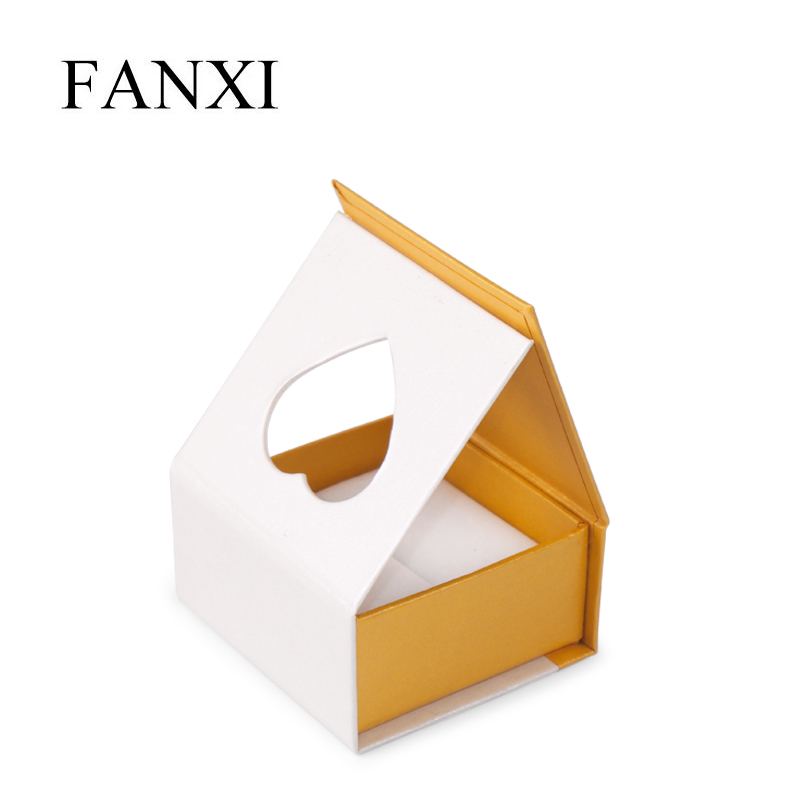 Fanxi Eco-friend Cheap Magnetic Close Yellow and White Cardboard Made Heart Ring Box
