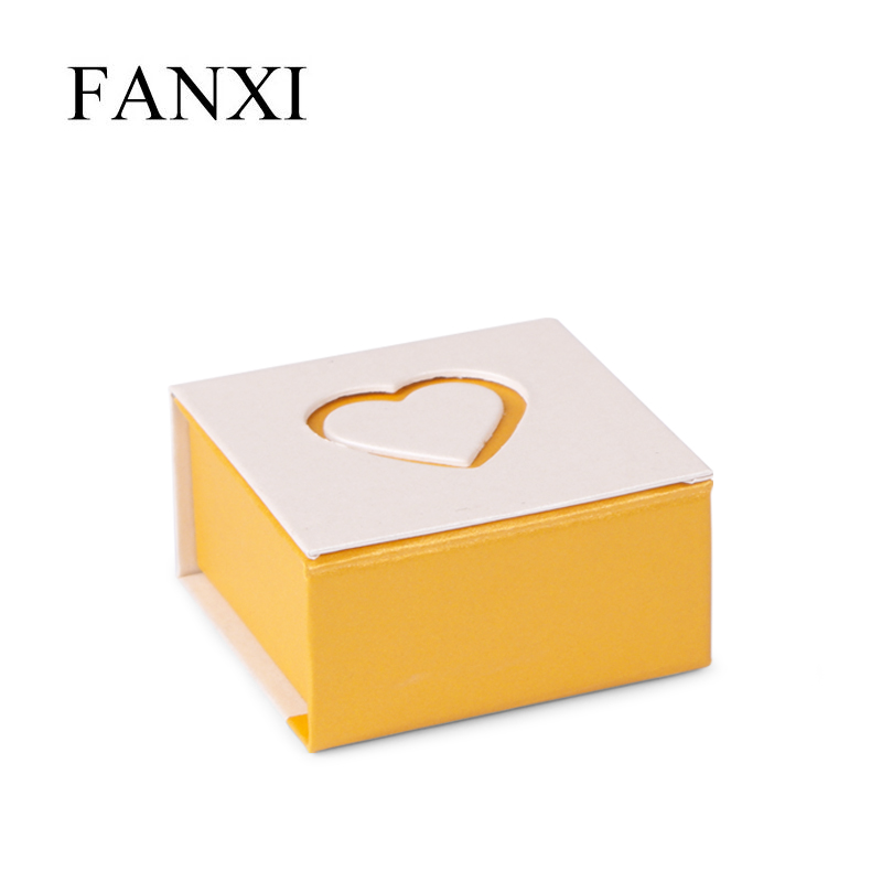 Fanxi Eco-friend Cheap Magnetic Close Yellow and White Cardboard Made Heart Ring Box