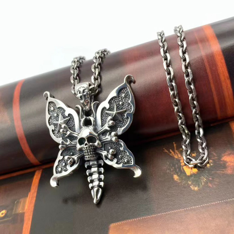 Sterling silver S925 jewelry, vintage butterfly pendant, personalized fashion trend skull punk style pendant ,butterfly necklace