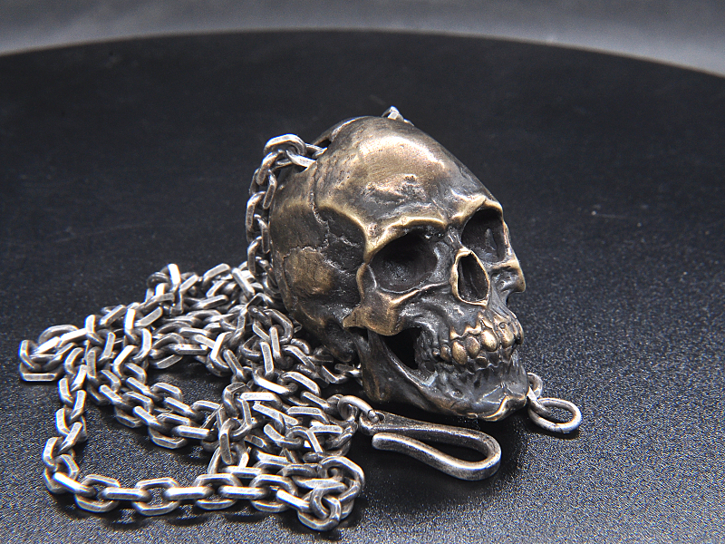 Handmade Solid Lost wax casting Brass Skull Pendant, Retro craft Punk Gothic Human Skull, Rope or 925 sterling silver chain for choice