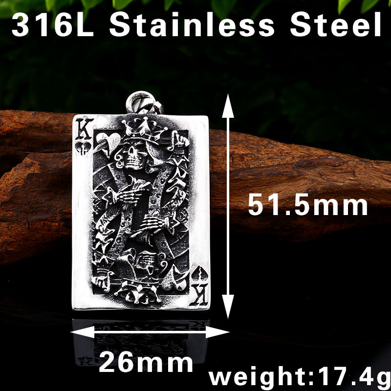Skull King of Hearts Poker Playing Card Stainless Steel Pendant ,Gothic Punk Hip Hop Necklace