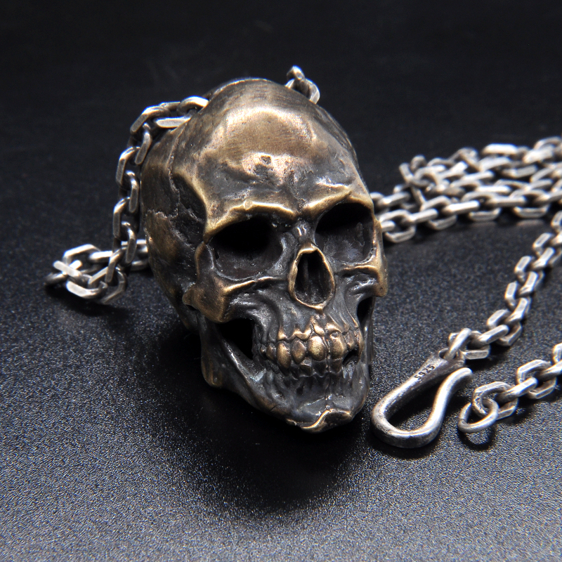 Handmade Solid Lost wax casting Brass Skull Pendant, Retro craft Punk Gothic Human Skull, Rope or 925 sterling silver chain for choice