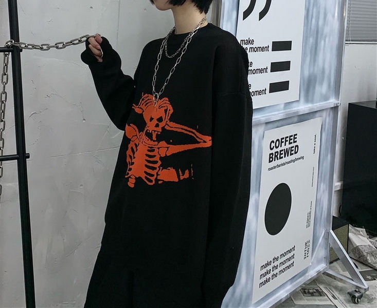 Autumn Winter Vintage Knit Sweater Coat Black Top Thick Skeleton Pullover Punk Gothic Women's Knitwear Unisex Clothes
