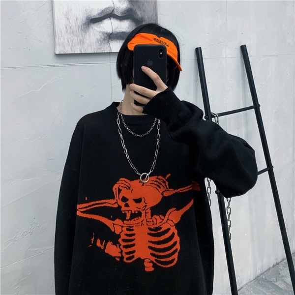 Autumn Winter Vintage Knit Sweater Coat Black Top Thick Skeleton Pullover Punk Gothic Women's Knitwear Unisex Clothes