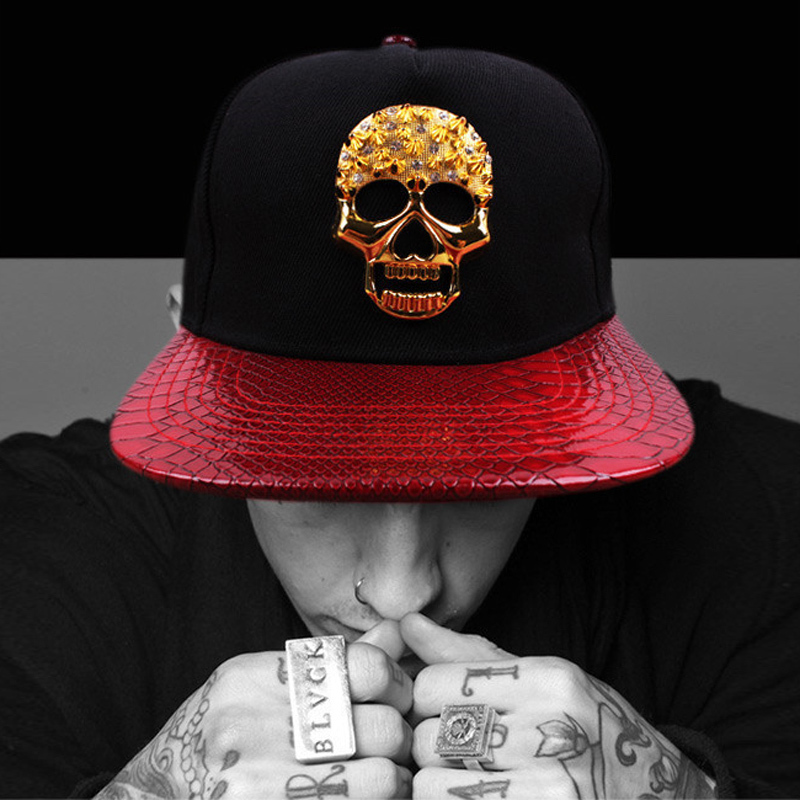 Punk Hip Hop Cap Golden Skull Rivet Logo PU Leather Visor Baseball Cap Adjustable Hats For Men Women