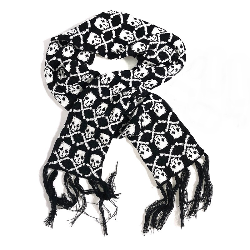 Gothic Skull Scarf Winter Knitted Pashmina Shawl Black  Wrap with Fringes for Women Men