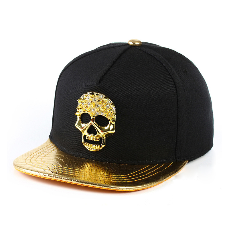 Punk Hip Hop Cap Golden Skull Rivet Logo PU Leather Visor Baseball Cap Adjustable Hats For Men Women