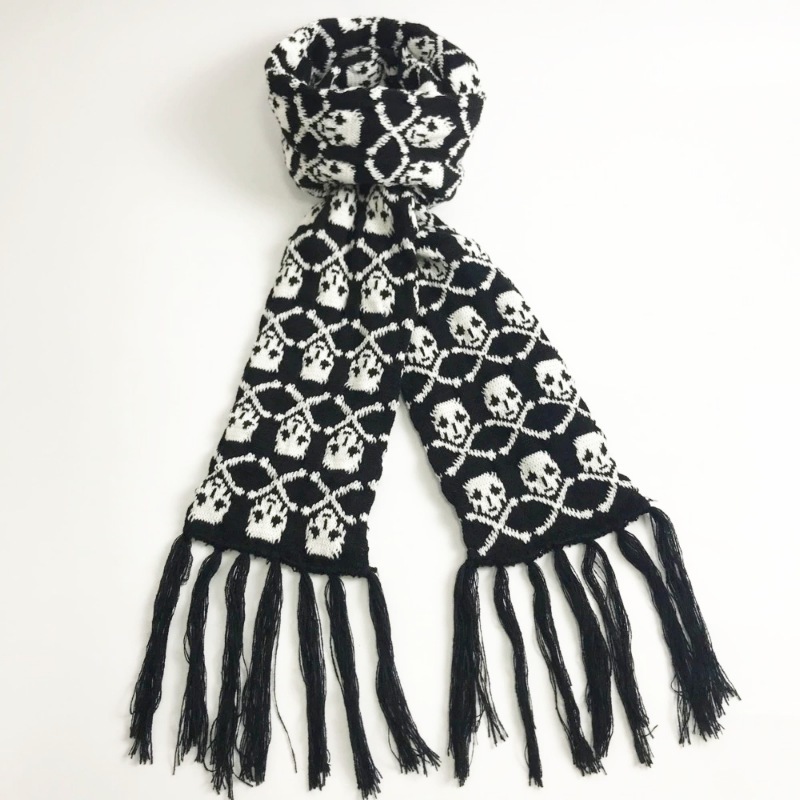Gothic Skull Scarf Winter Knitted Pashmina Shawl Black  Wrap with Fringes for Women Men