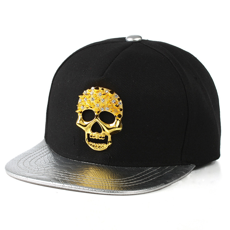 Punk Hip Hop Cap Golden Skull Rivet Logo PU Leather Visor Baseball Cap Adjustable Hats For Men Women